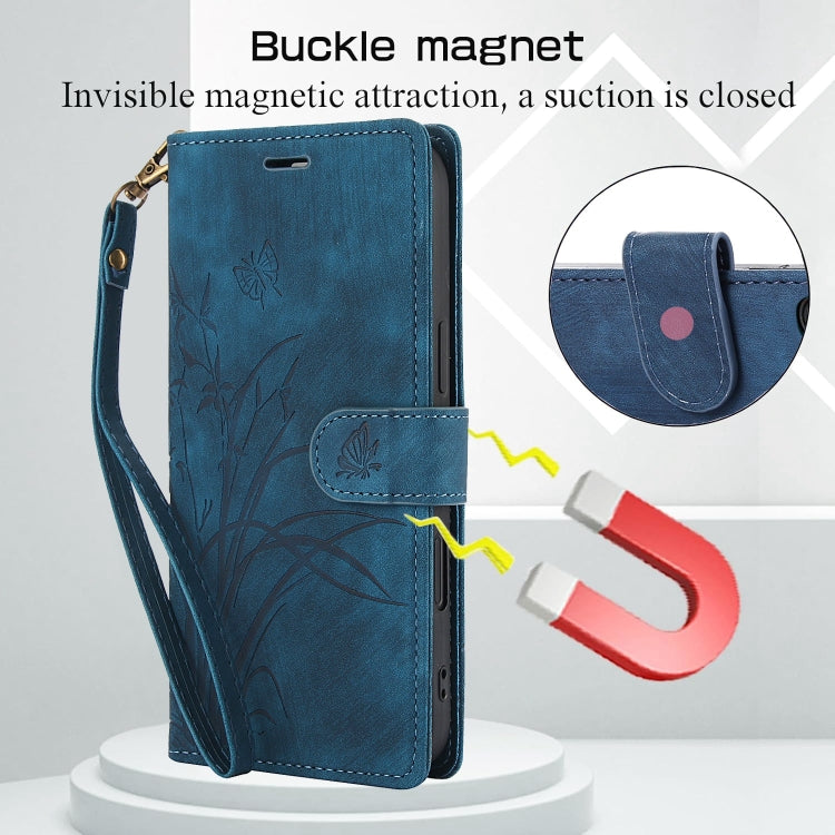 For iPhone 16 Orchid Butterfly Embossed Leather Phone Case(Blue) by buy2fix