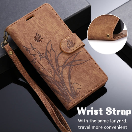 For iPhone 16 Orchid Butterfly Embossed Leather Phone Case(Brown) by buy2fix