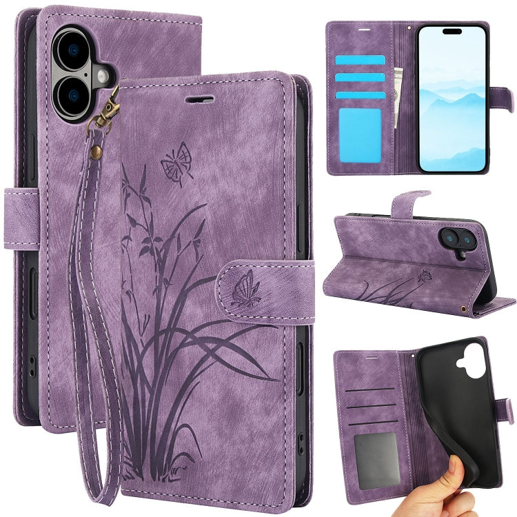 For iPhone 16 Plus Orchid Butterfly Embossed Leather Phone Case(Purple) by buy2fix