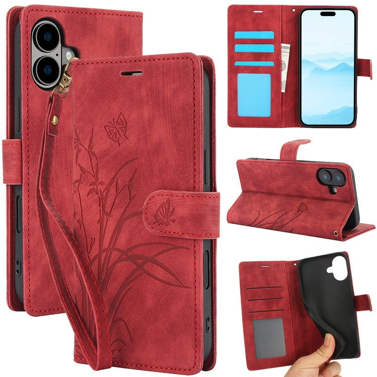 For iPhone 16 Plus Orchid Butterfly Embossed Leather Phone Case(Red) by buy2fix