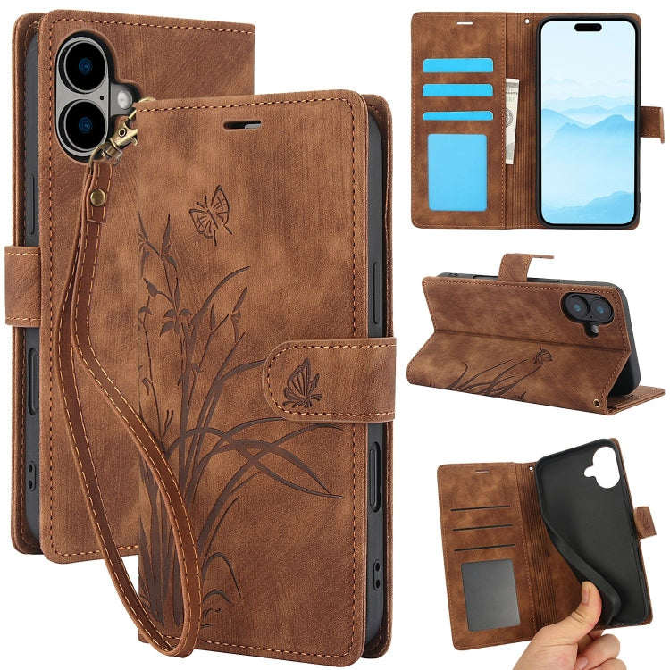 For iPhone 16 Plus Orchid Butterfly Embossed Leather Phone Case(Brown) by buy2fix