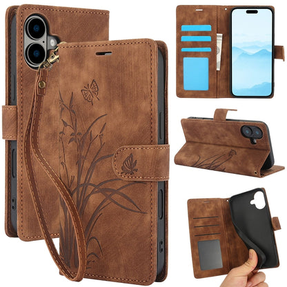 For iPhone 16 Plus Orchid Butterfly Embossed Leather Phone Case(Brown) by buy2fix