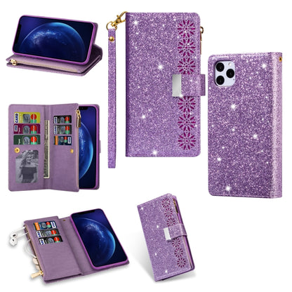 For iPhone 11 Pro Max Multi-card Slots Starry Sky Laser Carving Glitter Zipper Horizontal Flip Leather Case with Holder & Wallet & Lanyard(Purple) - iPhone 11 Pro Max Cases by buy2fix | Online Shopping UK | buy2fix