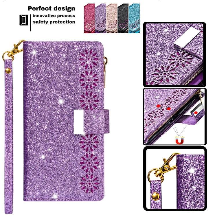 For iPhone 11 Pro Max Multi-card Slots Starry Sky Laser Carving Glitter Zipper Horizontal Flip Leather Case with Holder & Wallet & Lanyard(Purple) - iPhone 11 Pro Max Cases by buy2fix | Online Shopping UK | buy2fix
