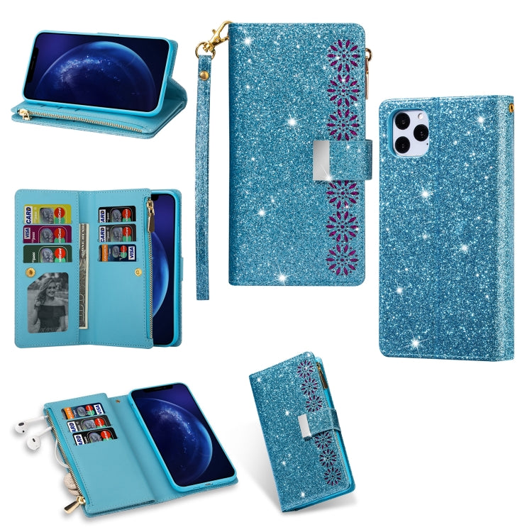 For iPhone 11 Pro Max Multi-card Slots Starry Sky Laser Carving Glitter Zipper Horizontal Flip Leather Case with Holder & Wallet & Lanyard(Sky Blue) - iPhone 11 Pro Max Cases by buy2fix | Online Shopping UK | buy2fix