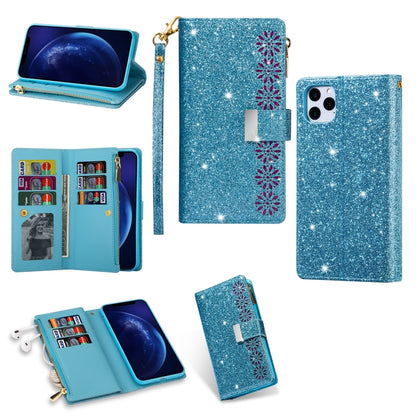 For iPhone 11 Pro Max Multi-card Slots Starry Sky Laser Carving Glitter Zipper Horizontal Flip Leather Case with Holder & Wallet & Lanyard(Sky Blue) - iPhone 11 Pro Max Cases by buy2fix | Online Shopping UK | buy2fix