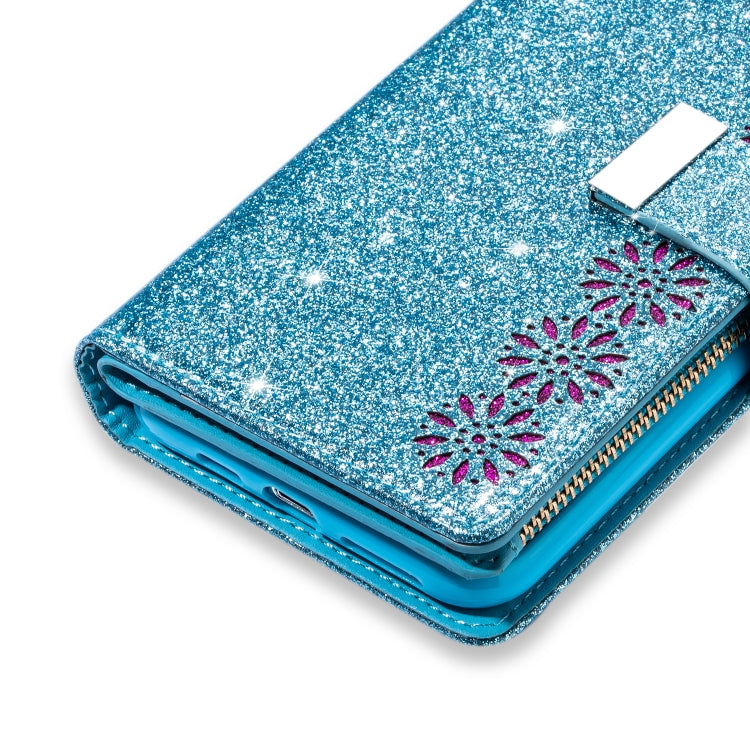 For iPhone 11 Pro Max Multi-card Slots Starry Sky Laser Carving Glitter Zipper Horizontal Flip Leather Case with Holder & Wallet & Lanyard(Sky Blue) - iPhone 11 Pro Max Cases by buy2fix | Online Shopping UK | buy2fix