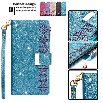 For iPhone 11 Pro Max Multi-card Slots Starry Sky Laser Carving Glitter Zipper Horizontal Flip Leather Case with Holder & Wallet & Lanyard(Sky Blue) - iPhone 11 Pro Max Cases by buy2fix | Online Shopping UK | buy2fix