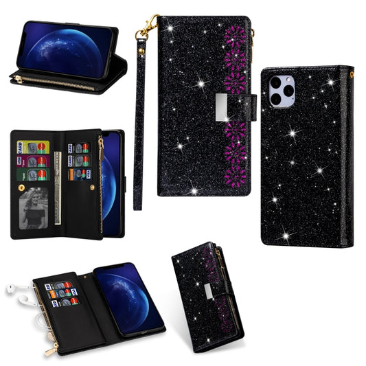 For iPhone 11 Pro Max Multi-card Slots Starry Sky Laser Carving Glitter Zipper Horizontal Flip Leather Case with Holder & Wallet & Lanyard(Black) - iPhone 11 Pro Max Cases by buy2fix | Online Shopping UK | buy2fix