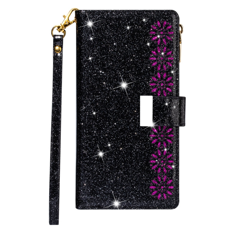 For iPhone 11 Pro Max Multi-card Slots Starry Sky Laser Carving Glitter Zipper Horizontal Flip Leather Case with Holder & Wallet & Lanyard(Black) - iPhone 11 Pro Max Cases by buy2fix | Online Shopping UK | buy2fix
