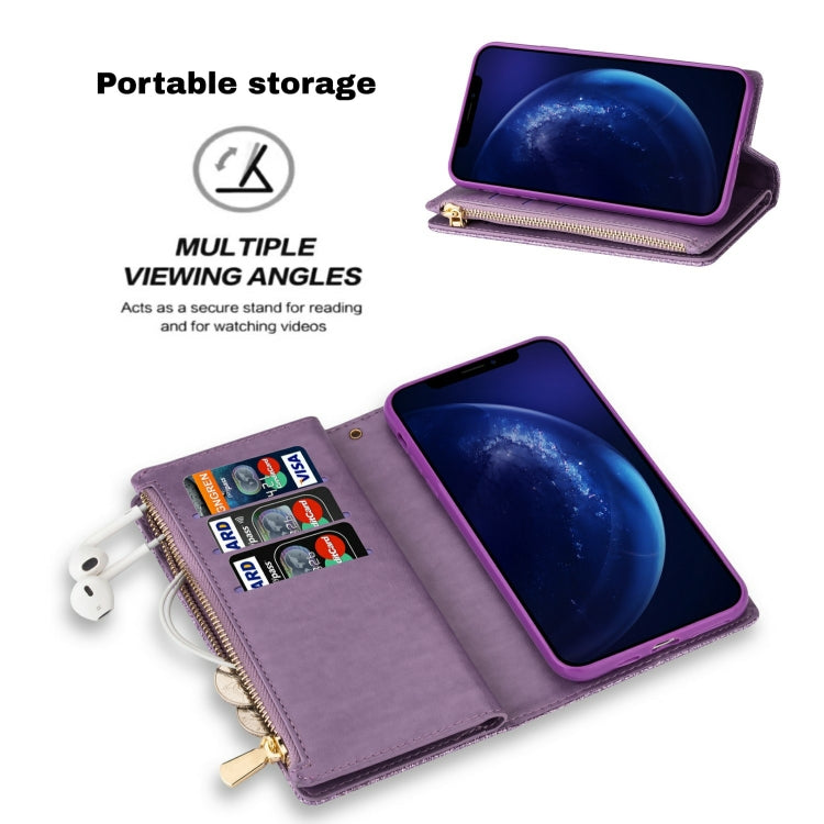 For iPhone 11 Pro Multi-card Slots Starry Sky Laser Carving Glitter Zipper Horizontal Flip Leather Case with Holder & Wallet & Lanyard(Purple) - iPhone 11 Pro Cases by buy2fix | Online Shopping UK | buy2fix
