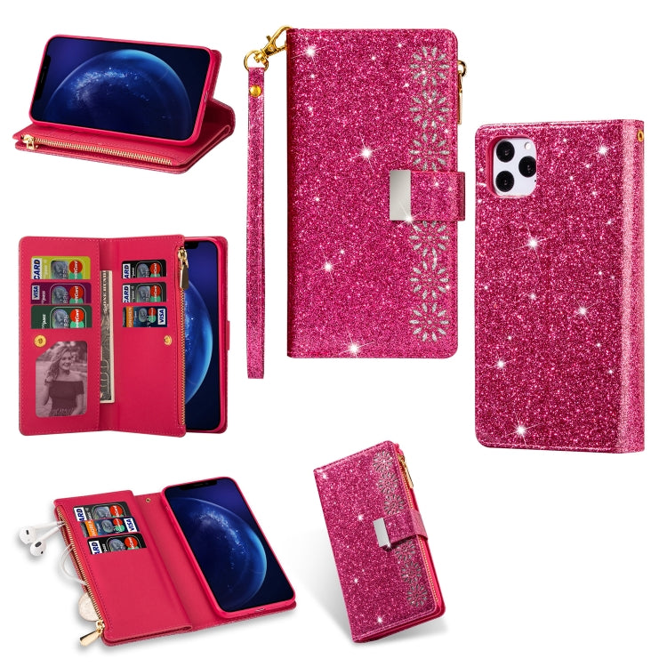 For iPhone 11 Pro Multi-card Slots Starry Sky Laser Carving Glitter Zipper Horizontal Flip Leather Case with Holder & Wallet & Lanyard(Rose Red) - iPhone 11 Pro Cases by buy2fix | Online Shopping UK | buy2fix