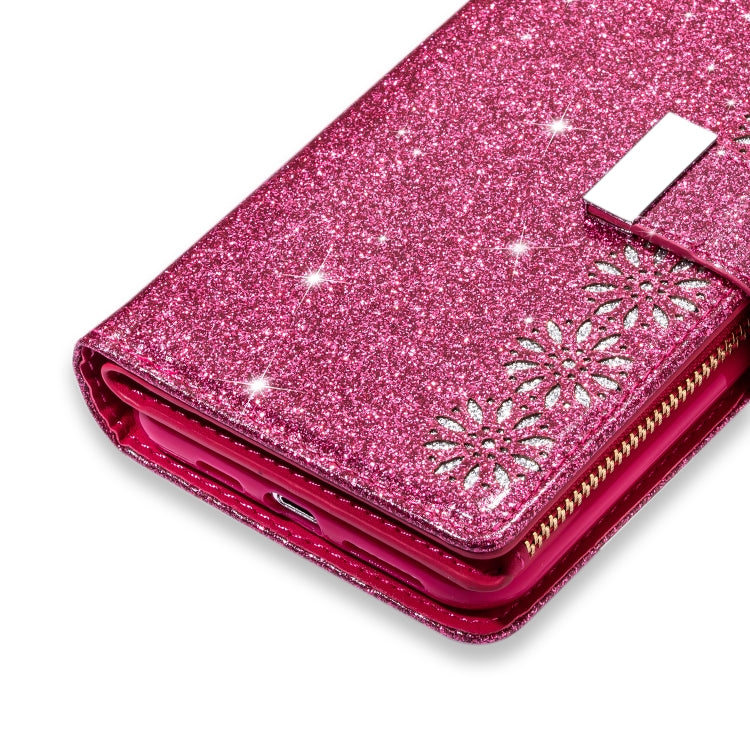 For iPhone 11 Pro Multi-card Slots Starry Sky Laser Carving Glitter Zipper Horizontal Flip Leather Case with Holder & Wallet & Lanyard(Rose Red) - iPhone 11 Pro Cases by buy2fix | Online Shopping UK | buy2fix