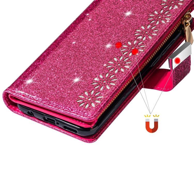 For iPhone 11 Pro Multi-card Slots Starry Sky Laser Carving Glitter Zipper Horizontal Flip Leather Case with Holder & Wallet & Lanyard(Rose Red) - iPhone 11 Pro Cases by buy2fix | Online Shopping UK | buy2fix
