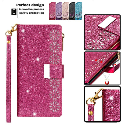 For iPhone 11 Pro Multi-card Slots Starry Sky Laser Carving Glitter Zipper Horizontal Flip Leather Case with Holder & Wallet & Lanyard(Rose Red) - iPhone 11 Pro Cases by buy2fix | Online Shopping UK | buy2fix