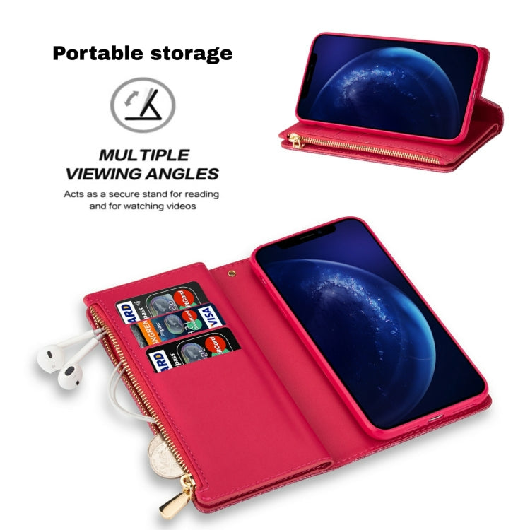 For iPhone 11 Pro Multi-card Slots Starry Sky Laser Carving Glitter Zipper Horizontal Flip Leather Case with Holder & Wallet & Lanyard(Rose Red) - iPhone 11 Pro Cases by buy2fix | Online Shopping UK | buy2fix