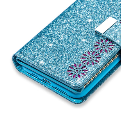 For iPhone 11 Pro Multi-card Slots Starry Sky Laser Carving Glitter Zipper Horizontal Flip Leather Case with Holder & Wallet & Lanyard(Sky Blue) - iPhone 11 Pro Cases by buy2fix | Online Shopping UK | buy2fix