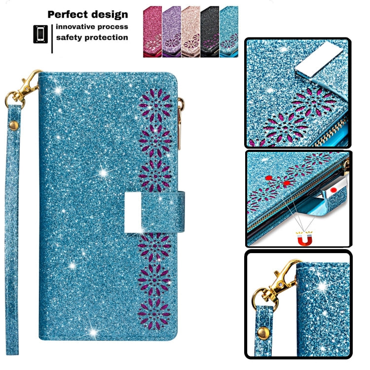 For iPhone 11 Pro Multi-card Slots Starry Sky Laser Carving Glitter Zipper Horizontal Flip Leather Case with Holder & Wallet & Lanyard(Sky Blue) - iPhone 11 Pro Cases by buy2fix | Online Shopping UK | buy2fix