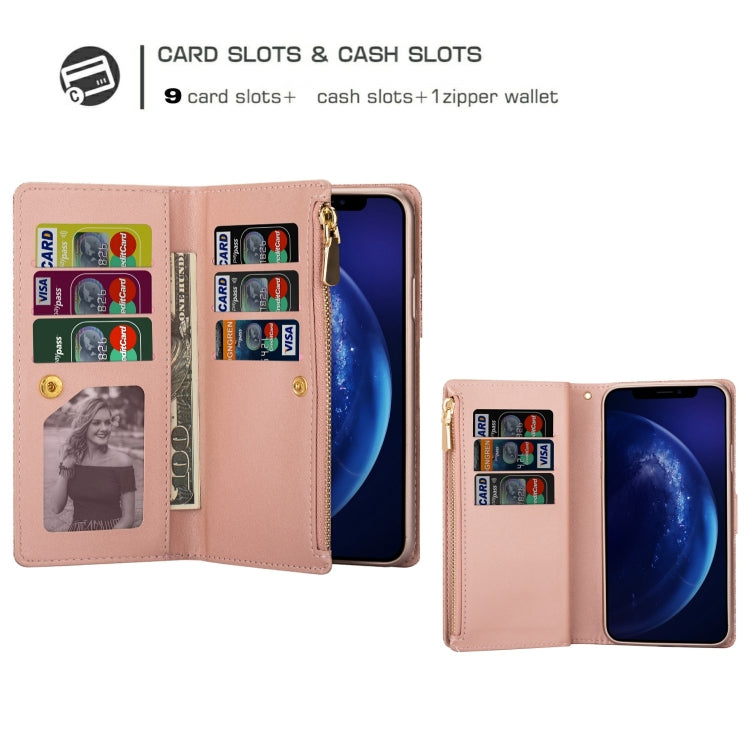 For iPhone 11 Pro Multi-card Slots Starry Sky Laser Carving Glitter Zipper Horizontal Flip Leather Case with Holder & Wallet & Lanyard(Rose Gold) - iPhone 11 Pro Cases by buy2fix | Online Shopping UK | buy2fix