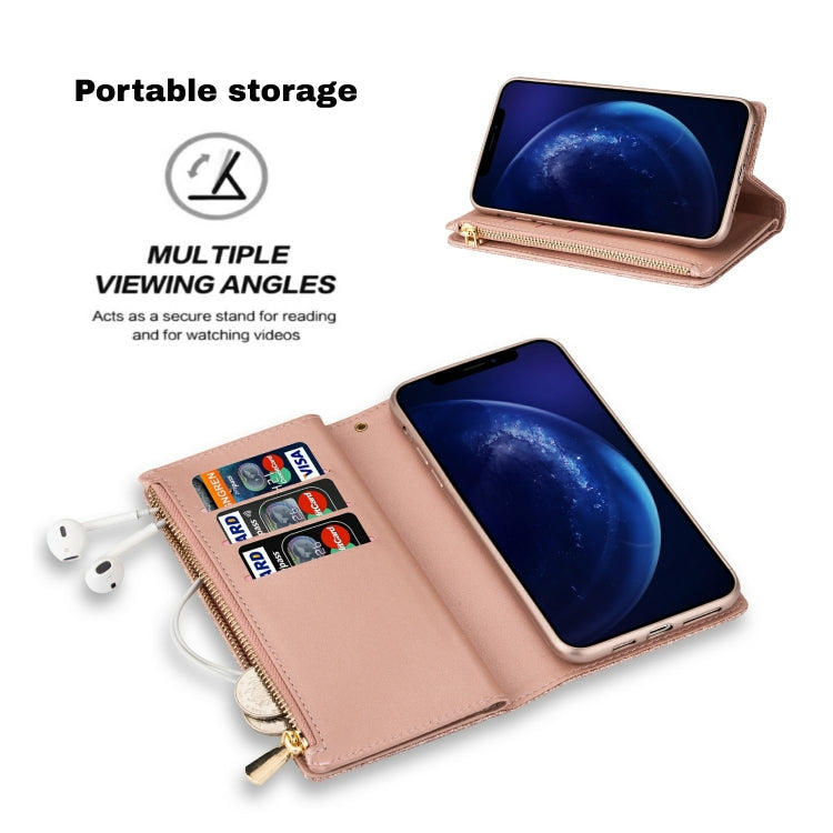 For iPhone 11 Pro Multi-card Slots Starry Sky Laser Carving Glitter Zipper Horizontal Flip Leather Case with Holder & Wallet & Lanyard(Rose Gold) - iPhone 11 Pro Cases by buy2fix | Online Shopping UK | buy2fix