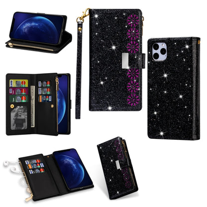 For iPhone 11 Pro Multi-card Slots Starry Sky Laser Carving Glitter Zipper Horizontal Flip Leather Case with Holder & Wallet & Lanyard(Black) - iPhone 11 Pro Cases by buy2fix | Online Shopping UK | buy2fix