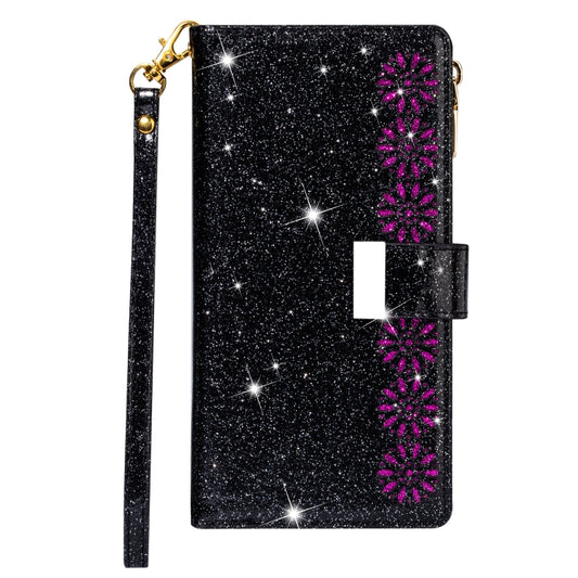 For iPhone 11 Pro Multi-card Slots Starry Sky Laser Carving Glitter Zipper Horizontal Flip Leather Case with Holder & Wallet & Lanyard(Black) - iPhone 11 Pro Cases by buy2fix | Online Shopping UK | buy2fix