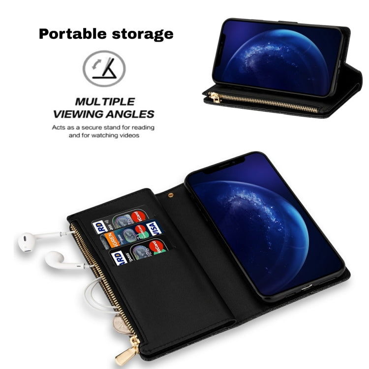 For iPhone 11 Pro Multi-card Slots Starry Sky Laser Carving Glitter Zipper Horizontal Flip Leather Case with Holder & Wallet & Lanyard(Black) - iPhone 11 Pro Cases by buy2fix | Online Shopping UK | buy2fix