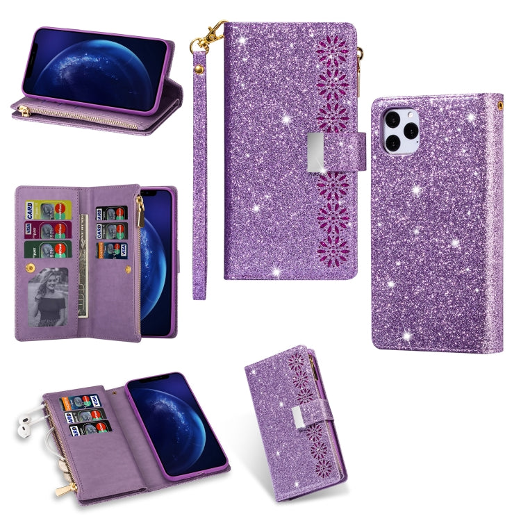 For iPhone 11 Multi-card Slots Starry Sky Laser Carving Glitter Zipper Horizontal Flip Leather Case with Holder & Wallet & Lanyard(Purple) - iPhone 11 Cases by buy2fix | Online Shopping UK | buy2fix