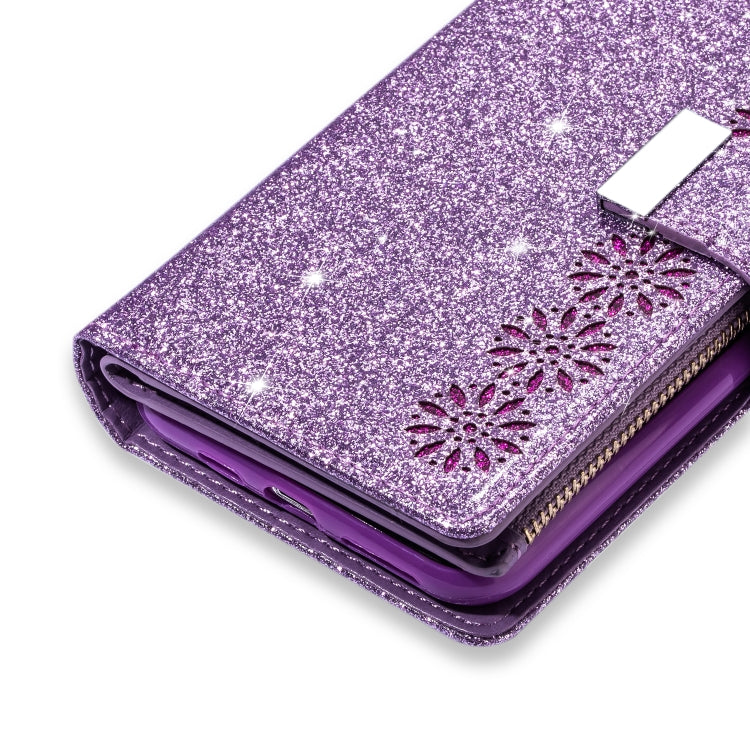 For iPhone 11 Multi-card Slots Starry Sky Laser Carving Glitter Zipper Horizontal Flip Leather Case with Holder & Wallet & Lanyard(Purple) - iPhone 11 Cases by buy2fix | Online Shopping UK | buy2fix