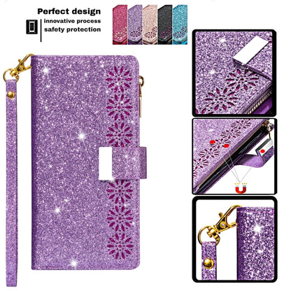 For iPhone 11 Multi-card Slots Starry Sky Laser Carving Glitter Zipper Horizontal Flip Leather Case with Holder & Wallet & Lanyard(Purple) - iPhone 11 Cases by buy2fix | Online Shopping UK | buy2fix