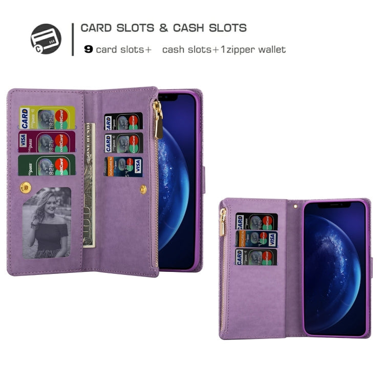 For iPhone 11 Multi-card Slots Starry Sky Laser Carving Glitter Zipper Horizontal Flip Leather Case with Holder & Wallet & Lanyard(Purple) - iPhone 11 Cases by buy2fix | Online Shopping UK | buy2fix