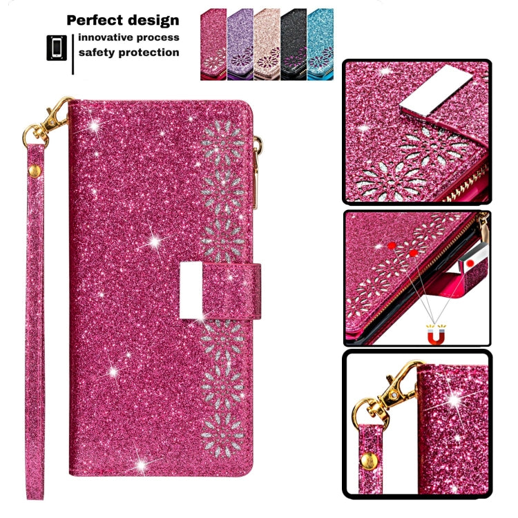 For iPhone 11 Multi-card Slots Starry Sky Laser Carving Glitter Zipper Horizontal Flip Leather Case with Holder & Wallet & Lanyard(Rose Red) - iPhone 11 Cases by buy2fix | Online Shopping UK | buy2fix