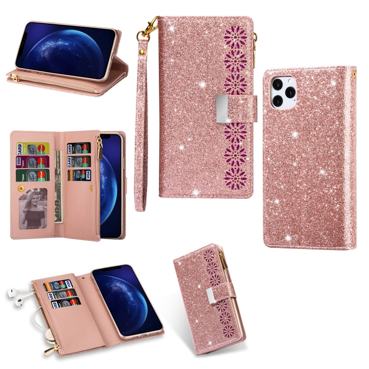 For iPhone 11 Multi-card Slots Starry Sky Laser Carving Glitter Zipper Horizontal Flip Leather Case with Holder & Wallet & Lanyard(Rose Gold) - iPhone 11 Cases by buy2fix | Online Shopping UK | buy2fix