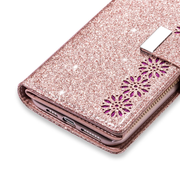 For iPhone 11 Multi-card Slots Starry Sky Laser Carving Glitter Zipper Horizontal Flip Leather Case with Holder & Wallet & Lanyard(Rose Gold) - iPhone 11 Cases by buy2fix | Online Shopping UK | buy2fix