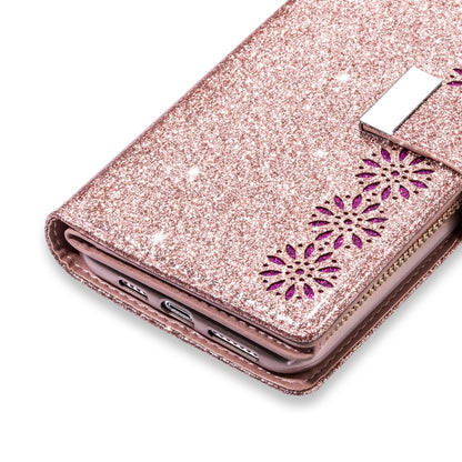 For iPhone 11 Multi-card Slots Starry Sky Laser Carving Glitter Zipper Horizontal Flip Leather Case with Holder & Wallet & Lanyard(Rose Gold) - iPhone 11 Cases by buy2fix | Online Shopping UK | buy2fix