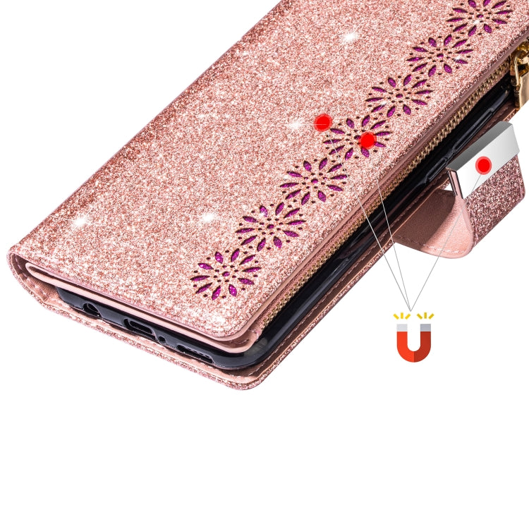 For iPhone 11 Multi-card Slots Starry Sky Laser Carving Glitter Zipper Horizontal Flip Leather Case with Holder & Wallet & Lanyard(Rose Gold) - iPhone 11 Cases by buy2fix | Online Shopping UK | buy2fix