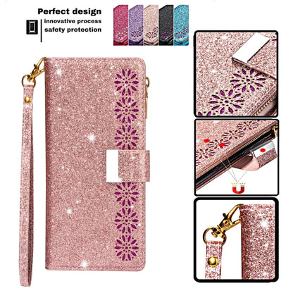 For iPhone 11 Multi-card Slots Starry Sky Laser Carving Glitter Zipper Horizontal Flip Leather Case with Holder & Wallet & Lanyard(Rose Gold) - iPhone 11 Cases by buy2fix | Online Shopping UK | buy2fix