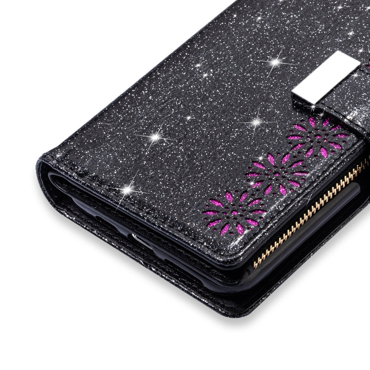 For iPhone 11 Multi-card Slots Starry Sky Laser Carving Glitter Zipper Horizontal Flip Leather Case with Holder & Wallet & Lanyard(Black) - iPhone 11 Cases by buy2fix | Online Shopping UK | buy2fix
