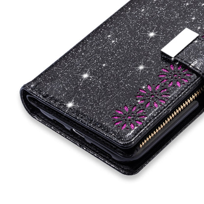 For iPhone 11 Multi-card Slots Starry Sky Laser Carving Glitter Zipper Horizontal Flip Leather Case with Holder & Wallet & Lanyard(Black) - iPhone 11 Cases by buy2fix | Online Shopping UK | buy2fix