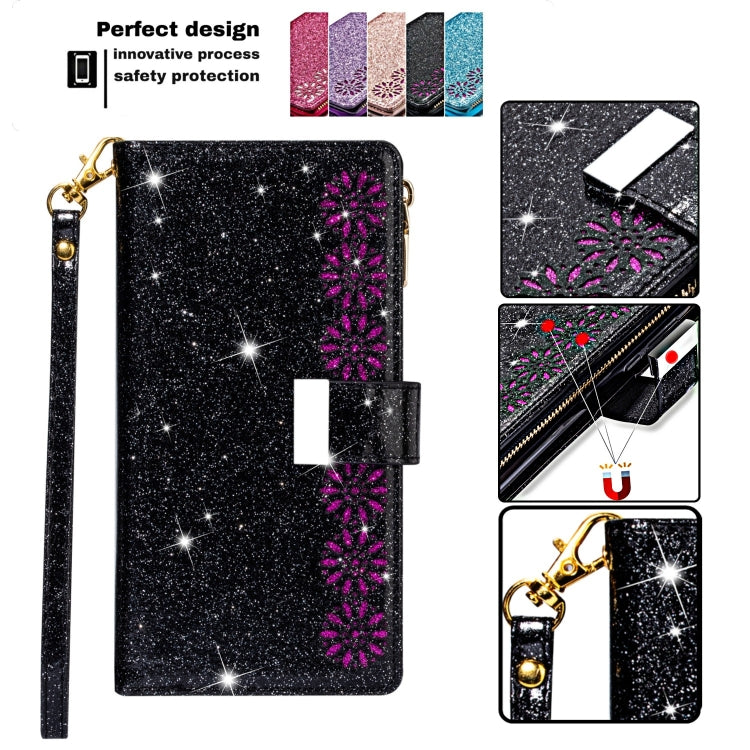 For iPhone 11 Multi-card Slots Starry Sky Laser Carving Glitter Zipper Horizontal Flip Leather Case with Holder & Wallet & Lanyard(Black) - iPhone 11 Cases by buy2fix | Online Shopping UK | buy2fix