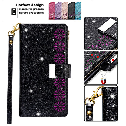 For iPhone 11 Multi-card Slots Starry Sky Laser Carving Glitter Zipper Horizontal Flip Leather Case with Holder & Wallet & Lanyard(Black) - iPhone 11 Cases by buy2fix | Online Shopping UK | buy2fix