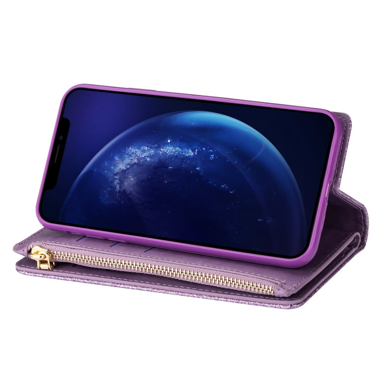 For iPhone XS Max Multi-card Slots Starry Sky Laser Carving Glitter Zipper Horizontal Flip Leather Case with Holder & Wallet & Lanyard(Purple) - More iPhone Cases by buy2fix | Online Shopping UK | buy2fix