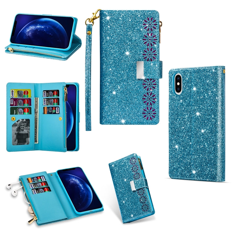 For iPhone XS Max Multi-card Slots Starry Sky Laser Carving Glitter Zipper Horizontal Flip Leather Case with Holder & Wallet & Lanyard(Sky Blue) - More iPhone Cases by buy2fix | Online Shopping UK | buy2fix