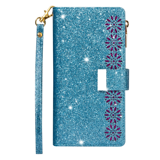 For iPhone XS Max Multi-card Slots Starry Sky Laser Carving Glitter Zipper Horizontal Flip Leather Case with Holder & Wallet & Lanyard(Sky Blue) - More iPhone Cases by buy2fix | Online Shopping UK | buy2fix