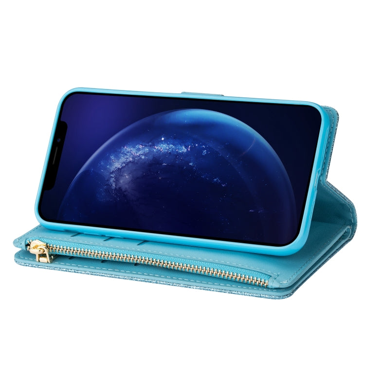 For iPhone XS Max Multi-card Slots Starry Sky Laser Carving Glitter Zipper Horizontal Flip Leather Case with Holder & Wallet & Lanyard(Sky Blue) - More iPhone Cases by buy2fix | Online Shopping UK | buy2fix