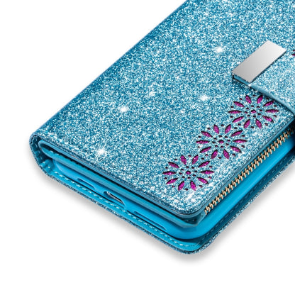 For iPhone XS Max Multi-card Slots Starry Sky Laser Carving Glitter Zipper Horizontal Flip Leather Case with Holder & Wallet & Lanyard(Sky Blue) - More iPhone Cases by buy2fix | Online Shopping UK | buy2fix