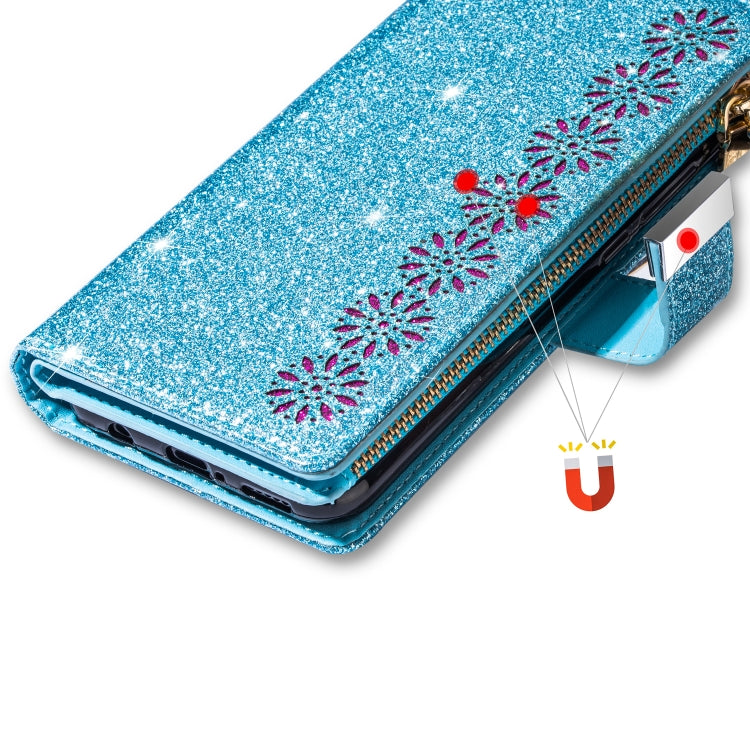 For iPhone XS Max Multi-card Slots Starry Sky Laser Carving Glitter Zipper Horizontal Flip Leather Case with Holder & Wallet & Lanyard(Sky Blue) - More iPhone Cases by buy2fix | Online Shopping UK | buy2fix