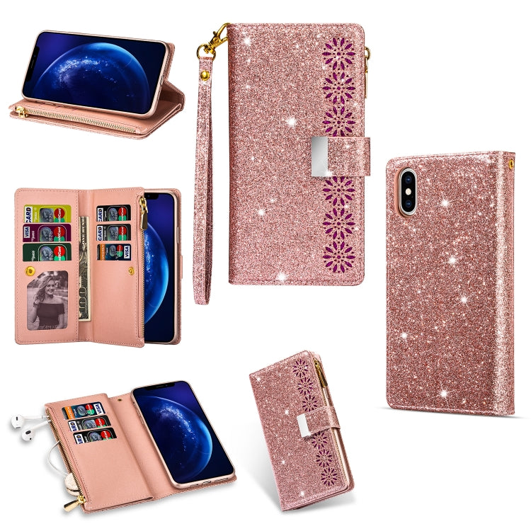 For iPhone XS Max Multi-card Slots Starry Sky Laser Carving Glitter Zipper Horizontal Flip Leather Case with Holder & Wallet & Lanyard(Rose Gold) - More iPhone Cases by buy2fix | Online Shopping UK | buy2fix