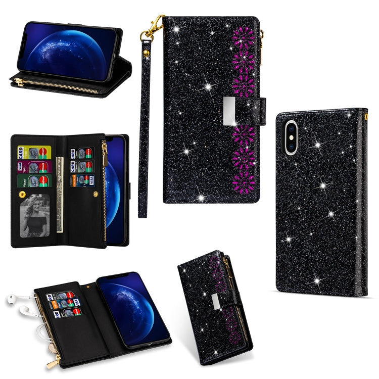 For iPhone XS Max Multi-card Slots Starry Sky Laser Carving Glitter Zipper Horizontal Flip Leather Case with Holder & Wallet & Lanyard(Black) - More iPhone Cases by buy2fix | Online Shopping UK | buy2fix