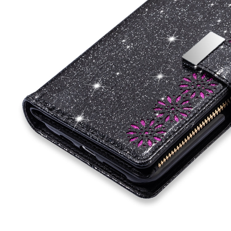 For iPhone XS Max Multi-card Slots Starry Sky Laser Carving Glitter Zipper Horizontal Flip Leather Case with Holder & Wallet & Lanyard(Black) - More iPhone Cases by buy2fix | Online Shopping UK | buy2fix